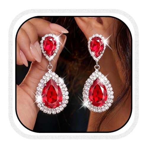 Unicra Silver Rhinestone Teardrop Earrings Crystal Wedding Bridal Dangle Earrings Prom Drop Earrings for Women and Brides - color: Red