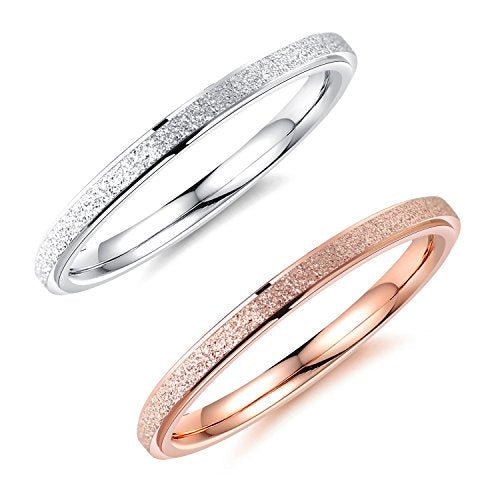 Women's Stainless Steel 2mm Thin Stacking Midi Rings Silver Rose Gold Sand Blast Finish Engagement Wedding Bands Size 3 to 10 - color: 2pcs (Silver, Rose-gold)