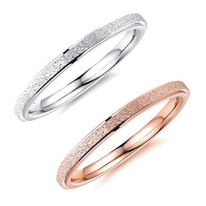Women's Stainless Steel 2mm Thin Stacking Midi Rings Silver Rose Gold Sand Blast Finish Engagement Wedding Bands Size 3 to 10 - color: 2pcs (Silver, Rose-gold)