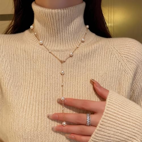 Women's Gold Tone Faux Pearl Lariat Necklace - Y-Shape Dainty Station Chain with Drop Tassel, Classy Sweater Neck Accessory for Wedding & Date