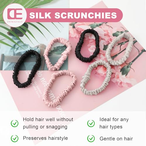 6Pcs Silk Hair Ties 100% Pure Mulberry Silk Scrunchies for Women Girls | No Hair Crease, Anti Frizz, Gentle Hold, No Damage, Color 05 - color: Black&Beige&Pink