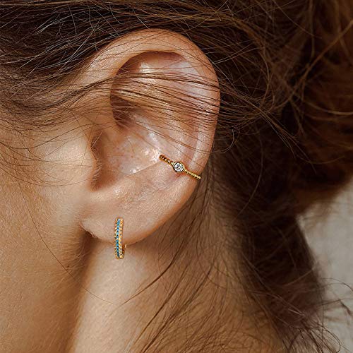 Dremmy Studios Dainty CZ Huggie Hoop Earrings 14K Gold Plated Chunky Simple Cute Thick Round Frill Bead Ball Starburst Cuff Earrings Cubic Zirconia Hoop Earrings Minimalist Personalized Gift for Her - color: CZ Turquoise