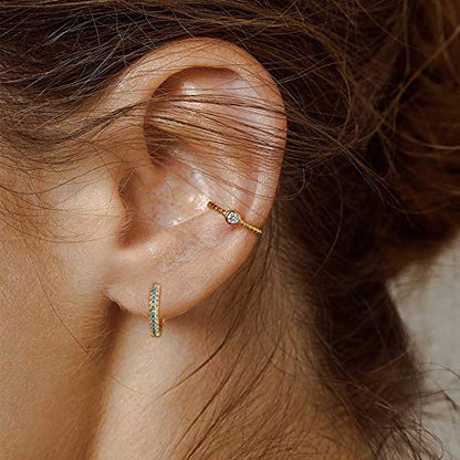 Dremmy Studios Dainty CZ Huggie Hoop Earrings 14K Gold Plated Chunky Simple Cute Thick Round Frill Bead Ball Starburst Cuff Earrings Cubic Zirconia Hoop Earrings Minimalist Personalized Gift for Her - color: CZ Turquoise