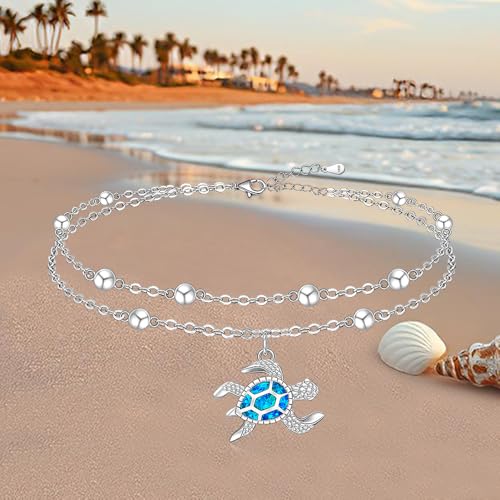 Sterling Silver Anklets for Women Sea Turtle Starfish Anklet Bracelet Ocean Beach Jewelry Opal Summer Foot Mothers Day Gift - style: Anklet-Turtle-A001
