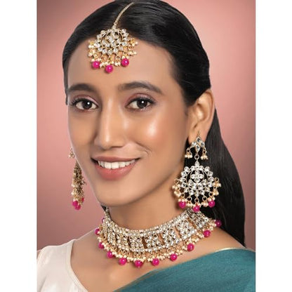 Aheli Elegant Indian Faux Kundan Studded Choker Necklace with Maang Tikka Set Ethnic Wedding Wear Bharatanatyam jewellery set Gift for Women - color: Rani Pink