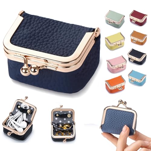 Genuine Leather Mini Jewelry Box & Coin Purse for Women, Travel Jewelry Case with Kiss Lock, Holds Earrings, Rings, Necklace, Bracelet, Coins (Dark Blue) - color: Dark Blue