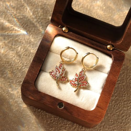 Sonateomber Christmas Tree Dangle Small Gold Hoop Earrings for Women, Cute Sparkly CZ Rhinestone Maple Clover Leaf Drop Earings Thanksgiving Holiday Accessories Fashion Jewelry Gift - color: Fall Orange