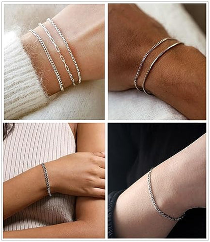 Honsny 6PCS Stainless Steel Bracelets for Women Men,14K Gold Plated Cuban Link Paperclip Chain Bracelet Dainty 6.3/7/7.8/9.5 Inch Stainless Steel Bracelet Set Fashion Jewelry - color: Silver, size: 6.3 Inches