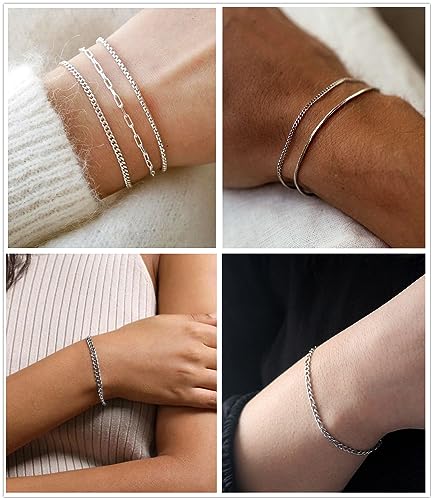 Honsny 6PCS Stainless Steel Bracelets for Women Men,14K Gold Plated Cuban Link Paperclip Chain Bracelet Dainty 6.3/7/7.8/9.5 Inch Stainless Steel Bracelet Set Fashion Jewelry - color: Silver, size: 7 Inches