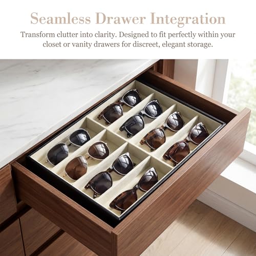 Stratalife 8 Grids Drawer Sunglasses Organizer Tray, Beige PU Velvet | Stackable Eyeglasses Storage Case with Removable Dividers, Jewelry Display Case for Necklace Bracelet, 13.78x9.5x1.2inch - color: Beige-02