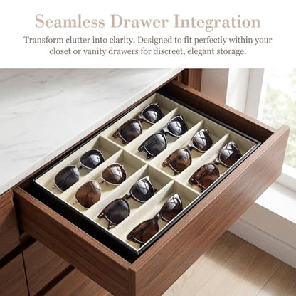 Stratalife 8 Grids Drawer Sunglasses Organizer Tray, Beige PU Velvet | Stackable Eyeglasses Storage Case with Removable Dividers, Jewelry Display Case for Necklace Bracelet, 13.78x9.5x1.2inch - color: Beige-02