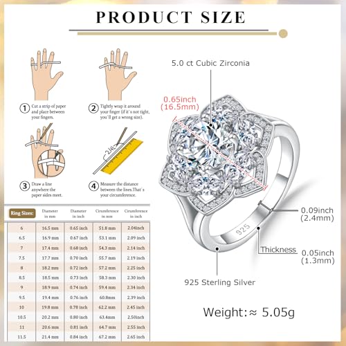 Flower Cocktail Ring for Women Stone Engagement Anniversary Rings | Sterling Silve|Hypoallergenic|Ruby|Sapphire|Emerald|Wedding and Birthday Party Women Statement Ring|Mother and Grandma Gift - color: CZ (April)