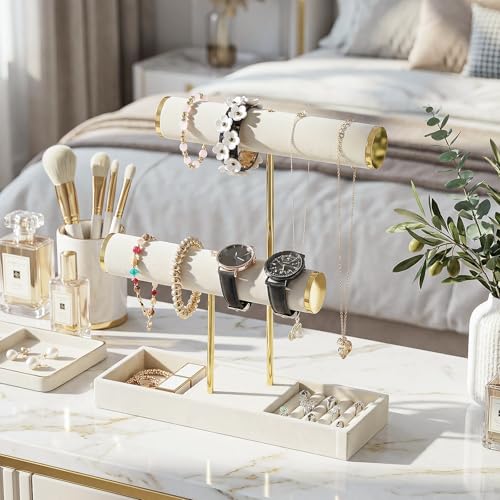 Coward Bracelet Necklace Holder Display, T-Bar Jewelry Holder Stand, Jewelry Organizer with Tray for Necklaces, Bangles, Rings Earrings Watches (Beige Velvet) - color: Beige