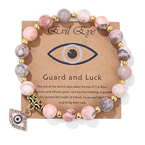 Evil Eye Bracelet for Women Men Natural Stone Beads Handmade Bracelet Inspirational Bracelet with Gift Message Card Kabbalah Protection Good Luck Jewelry Gift - color: Pale Pink