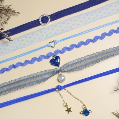 Nova&Aria Chokers Set For Women Heart Choker Necklaces Flower Pendant Velvet Cute Pink Turquoise Blue White Black Choker Necklace Christmas Colorful Lace Chokers - color: Blue