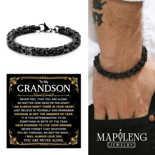 Grandson Gifts from Grandma Grandpa, Black Stainless Steel Bracelet with Meaningful Message Card, Birthday Gift for Grandson, Graduation Christmas Gift, Inspirational Keepsake Jewelry for Men - color: Grandson #3