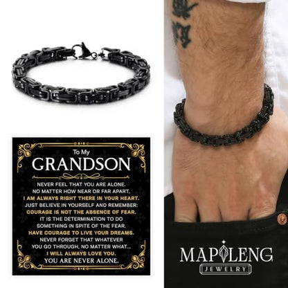 Grandson Gifts from Grandma Grandpa, Black Stainless Steel Bracelet with Meaningful Message Card, Birthday Gift for Grandson, Graduation Christmas Gift, Inspirational Keepsake Jewelry for Men - color: Grandson #3