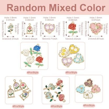 20Pcs Alloy Enamel Rose Charms Golden Plated 3D French Style Oil Painting Pendants Vinatge Floral Charms for Bracelet Necklace Earring - color: Golden Plated, 5 Styles