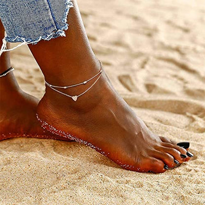 Fesciory Women Heart Anklet Adjustable Beach Layered Ankle Bracelets for Women Gold Alloy Foot Chain Jewelry - color: Silver Heart
