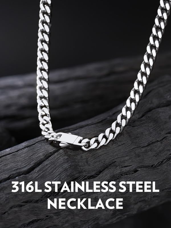 Bandmax Men's Premium Solid Stainless Steel Miami Cuban Link Chain Necklace | Waterproof Tarnish Resistant Chain, Silver Finish/Gold/Black Plated, Easy-open Clasp, 5/7/9/12MM, 18-30 Inches, With Gift Box - color: 01 5MM-Silver Tone, size: 28 Inch (71cm, L