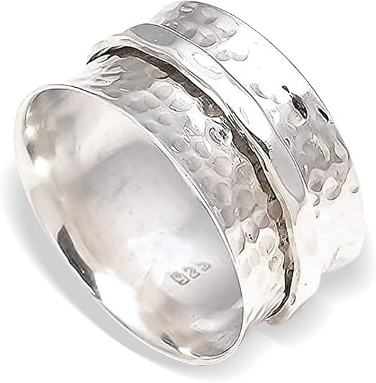 Anxiety Relief 925 Sterling Silver Spinner Ring Fidget Single Band Ring - style: Hammered Single Band