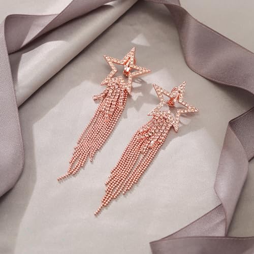 EVER FAITH Crystal Long Waterfall Star Tassel Clip-on Earrings for Women | Rhinestone Beaded Fringe Chandelier Dangle Statement Earring, Wedding Party Jewelry - color: Peach Rose Gold-Tone