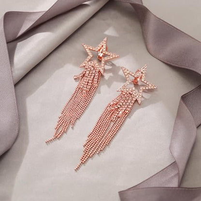 EVER FAITH Crystal Long Waterfall Star Tassel Clip-on Earrings for Women | Rhinestone Beaded Fringe Chandelier Dangle Statement Earring, Wedding Party Jewelry - color: Peach Rose Gold-Tone