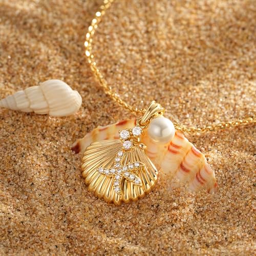 MTMY Gold Starfish Necklace 14K Gold Plated Shell Conch Ocean Pendant Necklace for Women Beach Summer Jewelry - style: pearl seashell
