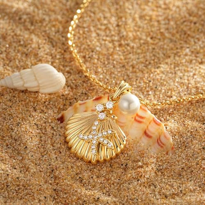 MTMY Gold Starfish Necklace 14K Gold Plated Shell Conch Ocean Pendant Necklace for Women Beach Summer Jewelry - style: pearl seashell