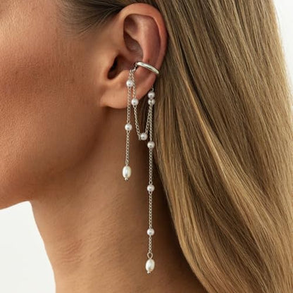 Heart Pearl Hoop Earrings Sliver Long Tassel Chain Huggie Hoop Earrings Pearl Beaded Drop Earring for Women Wedding Jewelry - color: pearl