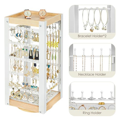 keomaisyto Earring Holder Organizer, Rotating Jewelry Holder with Ring Tray/Bracelet/Necklace Hooks, 360°Earring Organizer with Stable Bamboo Base for Jewelry Display, White - color: White & Grey