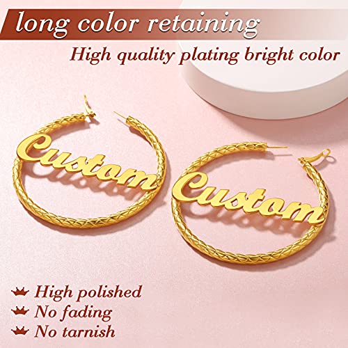 FindChic Chunky Hoop Earrings for Women, Silver/Black/14K Gold Plated Crossover Patterned Hollow Tube Rounded Loop Earrings, 30mm/40mm/60mm/80mm Hoops with Custom Name Options and Gift Box - color: f.Gold (Custom Name), size: 80MM
