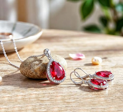 VONSSY Classic Oval Pendant Gemstone Necklace | Crystal Ruby Sapphire Waterdrop Birthstone Teardrop Emerald Necklace | 18K Platinum Gold Plated Chain | Jewelry Gift for Mother Wife Girlfriend - color: NL & ER - Red