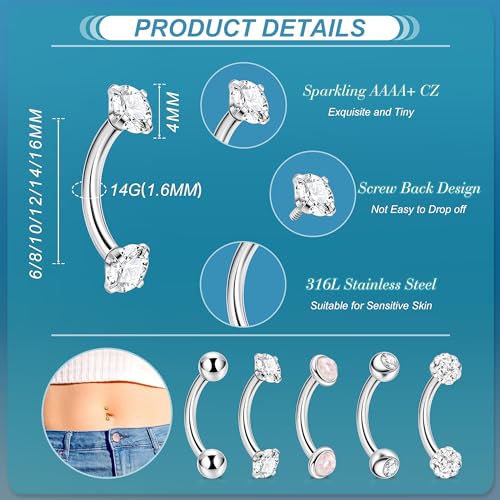 5PCS 14G 316L Stainless Steel Small Belly Button Rings for Women Tiny Simple Internally Threaded Navel Rings Hypoallergenic Petite CZ Opal Eyebrow Lip Daith Rook Piercing Jewelry 6-16MM - color: Sliver, size: Bar Length：10MM ( common )