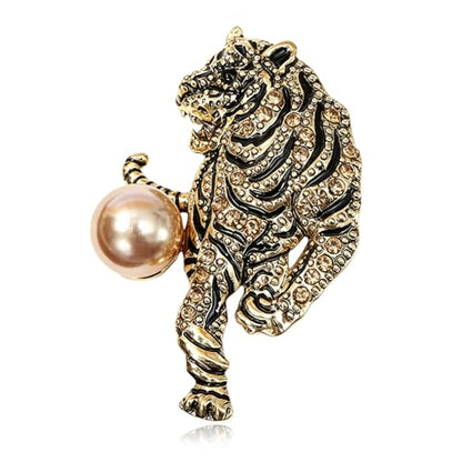 Luxury Crystal Tiger Brooch Pins for Women Men Vintage Gold-Tone Climbing Black Spots Leopard Brooch Fashion Panther Cougar Pin Suit Jackets Coat Animal Jewelry Gift - style: Gold Pearl