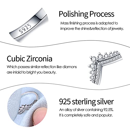 KUNSIR 925 Silver Cubic Zirconia Ring Size 7-9 Wedding Band Sterling Silver Eternity Ring Modern Style - style: Clear Zircon wishing bone Ring