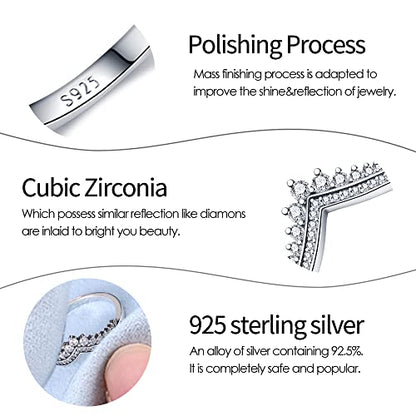 KUNSIR 925 Silver Cubic Zirconia Ring Size 7-9 Wedding Band Sterling Silver Eternity Ring Modern Style - style: Clear Zircon wishing bone Ring