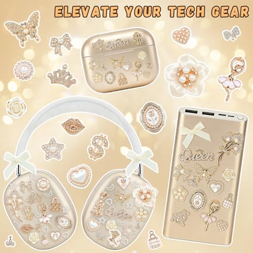 RidaaFri Junk Phone Case Kit Charms, Gold Flatback 3D Charms Set, | Big Charms with Pearls Rhinestone Gems Butterfly Bow Heart for DIY Case Craft Accessories, Phone Supplies for Women Adult - color: Gold
