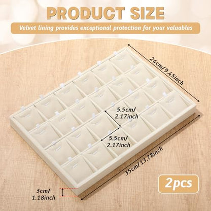 2 Pcs 24 Grid Stackable Jewelry Organizer Tray with Removable Dividers Ice Velvet Jewelry Display Showcase Tray for Necklace Earring Ring Bracelet Holder (Beige Velvet) - color: Beige
