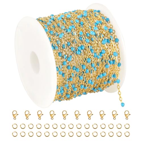 KYUNHOO 16.4 Feet Light Blue Beaded Chain Spool for Jewelry Making Supplies | Gold Plated Stainless Steel Jewelry Making Chains Bulk with Lobster Clasps Jump Rings for Jewelry Crafts DIY - color: Gold-Blue-2mm