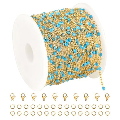 KYUNHOO 16.4 Feet Light Blue Beaded Chain Spool for Jewelry Making Supplies | Gold Plated Stainless Steel Jewelry Making Chains Bulk with Lobster Clasps Jump Rings for Jewelry Crafts DIY - color: Gold-Blue-2mm