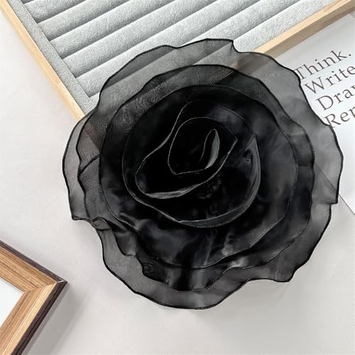 10inch Extra Large Flower Brooch Pin for Women Fashion Dainty Organza Satin Fabric Big Camellia Brooches Lapel Pins Wedding Dance Party Dress Accessories Exaggerated Jewelry Gift - color: 10 inch Black