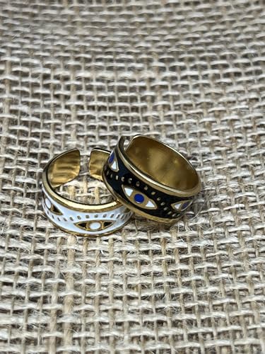 Win&Will Black & Gold Eveil Eye Stainless Steel Adjustable Wide Bold Statement Open Ring for Women