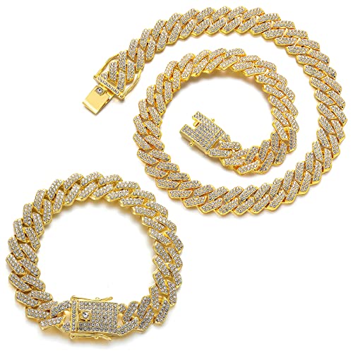 JUNVirtuous 2 Pieces Cuban Link Chain Mens Iced Out Miami Cuban Necklace and Bracelet Silver Bling Diamond Hip Hop Jewelry for Men and Women… - color: Gold, style: 8" Bracelet and 16" Necklace