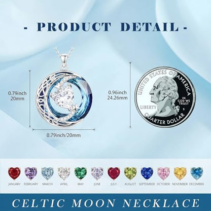 Birthstone Necklace for Women Crystal Moon and Star Pendant White Gold Celtic Moon Jewelry Birthday Graduation Gifts for Wife Her - style: Moon-4