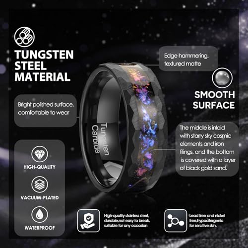 8mm Men's Tungsten Carbide Ring Gold/Black Hammered Meteorite Shavings Gold Foil Inlay Galaxy Nebula Green Opal Engagement Wedding Ring Matte Finish Comfortable Fit - color: 8mm- black tungsten