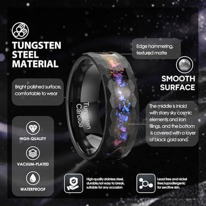 8mm Men's Tungsten Carbide Ring Gold/Black Hammered Meteorite Shavings Gold Foil Inlay Galaxy Nebula Green Opal Engagement Wedding Ring Matte Finish Comfortable Fit - color: 8mm- black tungsten