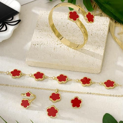 Lucky Flower Alloy Jewelry, Lucky Flower Design Necklace Earrings Bracelet Bangle Ring Jewelry Set, Clover Gold Plated Chain Wrap Ornament & Plush Pouch for Women - color: Red