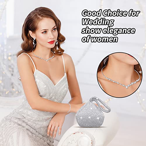 Ditard 4 Pieces Rhinestone Jewelry Set Women Clutch Purse for Prom Sets Wedding Bridal Bracelet Necklace Dangle Ear Clip Crystal Party (Sweet Style), Silver