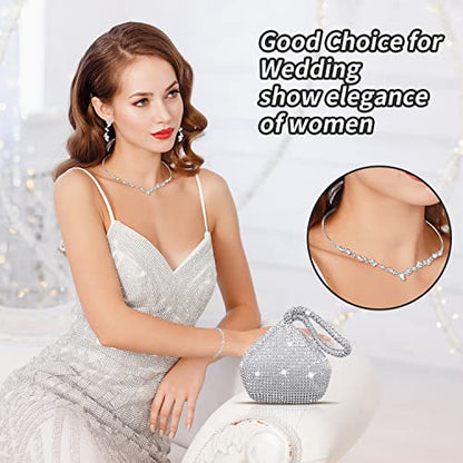 Ditard 4 Pieces Rhinestone Jewelry Set Women Clutch Purse for Prom Sets Wedding Bridal Bracelet Necklace Dangle Ear Clip Crystal Party (Sweet Style), Silver